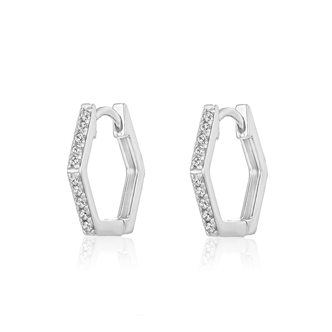 silver diamond hexagon  shape huggies earrings